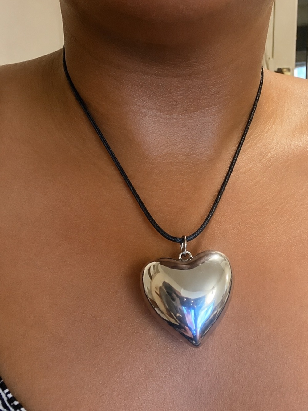 Upcycled Polished Silver Heart Pendant Necklace on Black Wax Cord Sustainable - Picture 4 of 4